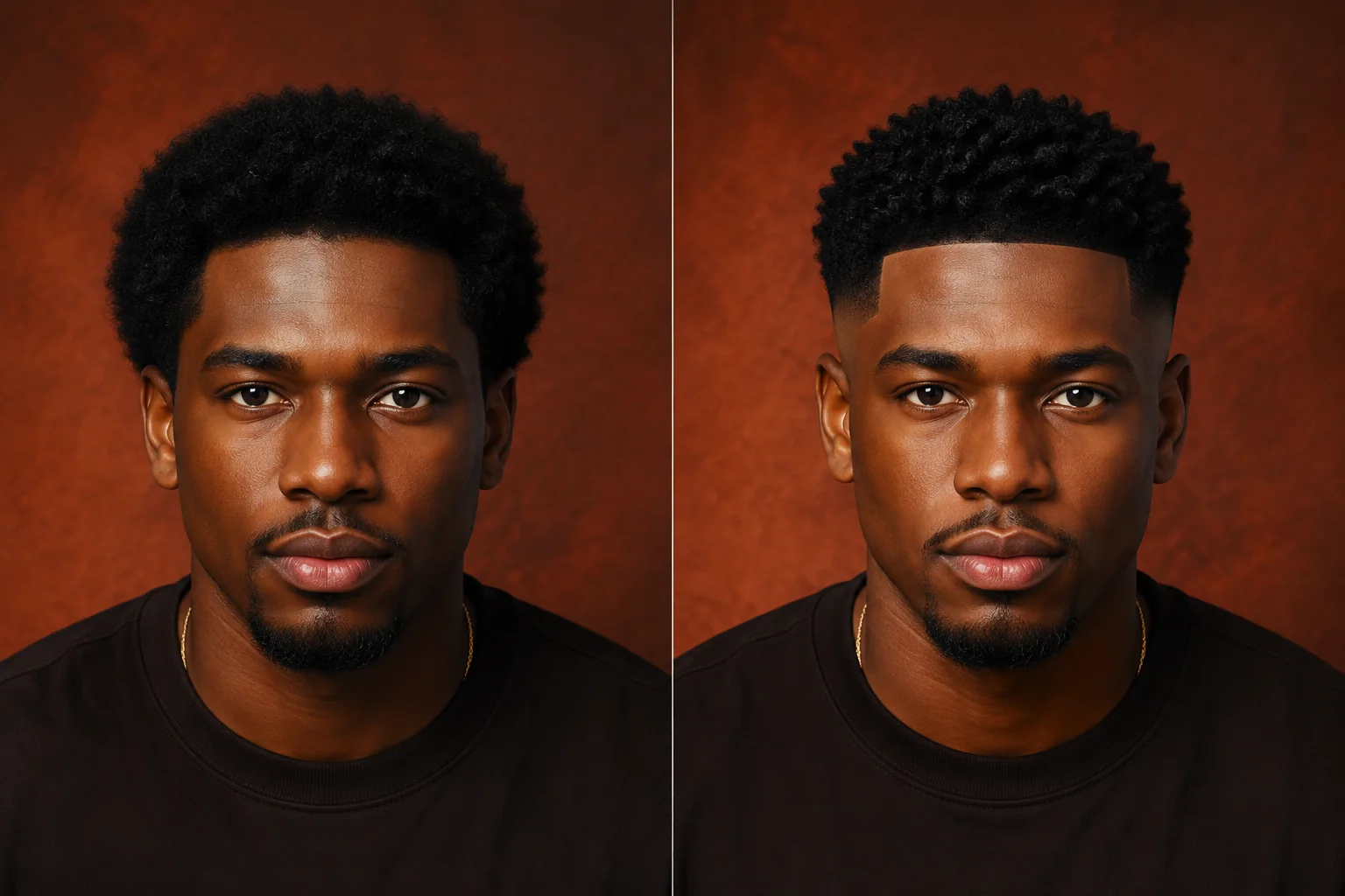 Black African man, before and after a low taper fade