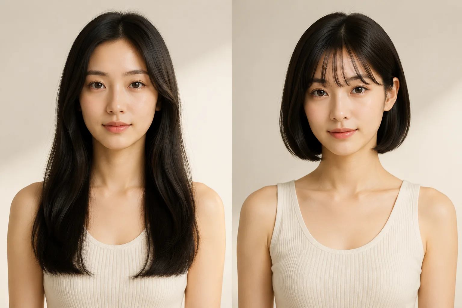 East Asian woman, before and after a precision bob