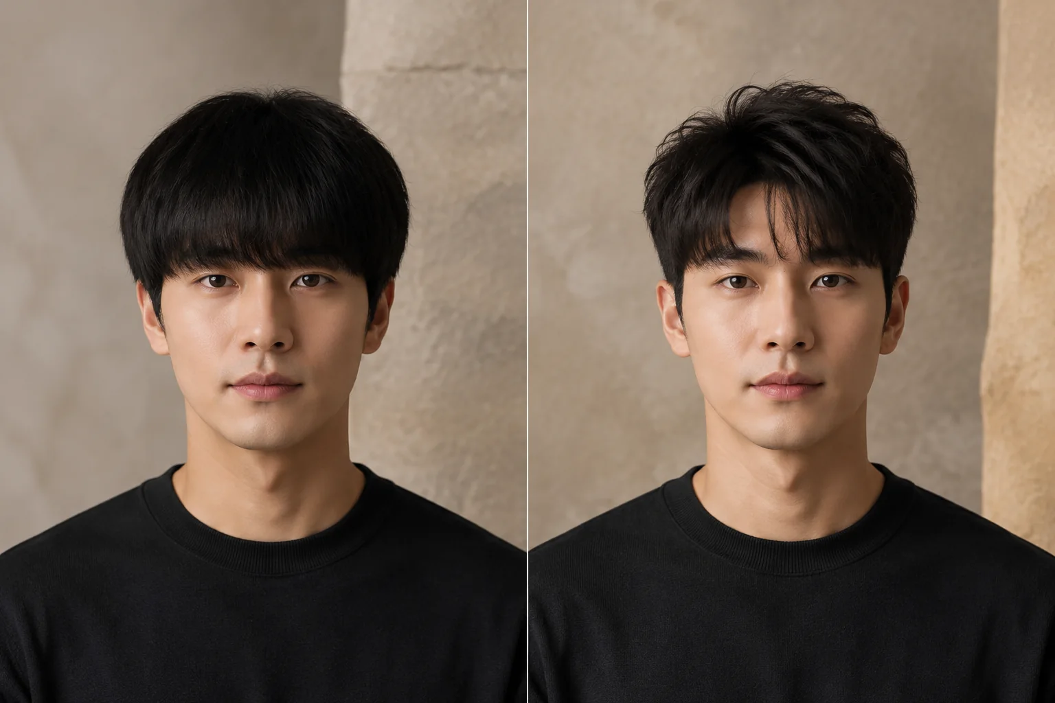 East Asian man, before and after a textured crop