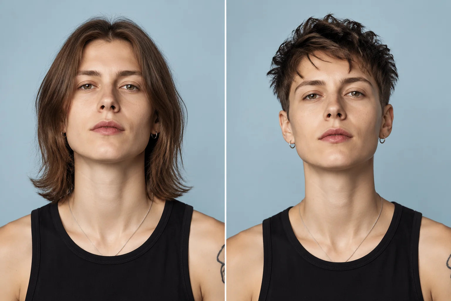 Gender-inclusive person, before and after a short textured crop