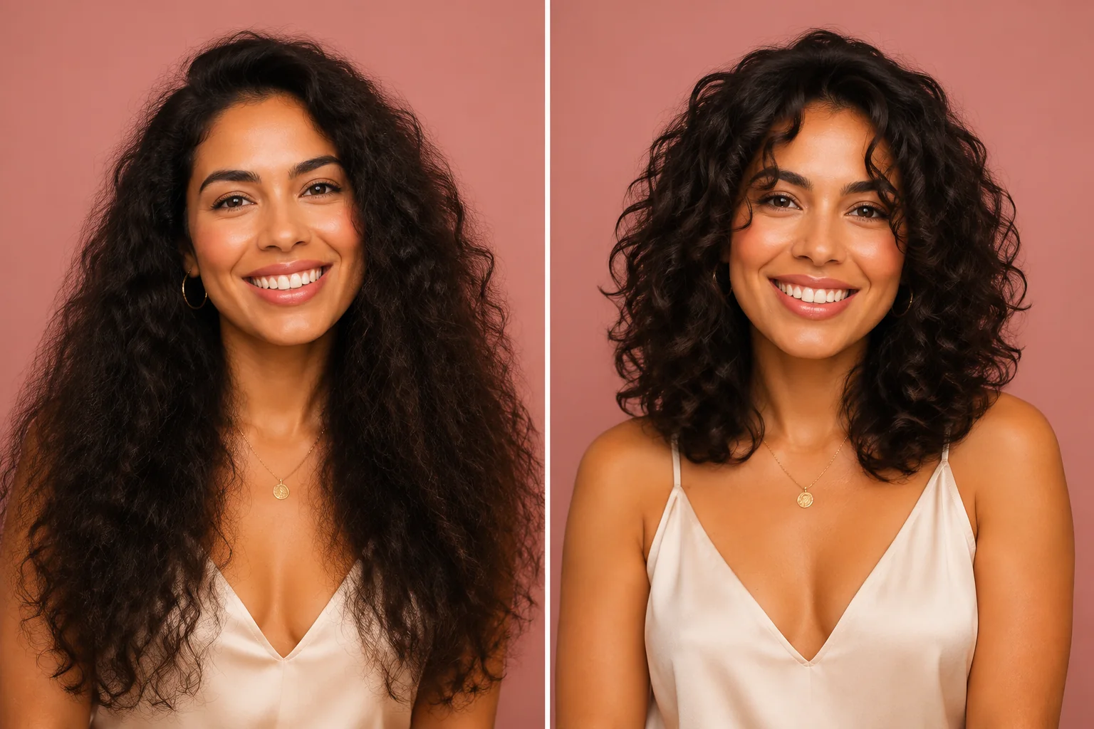 Latina woman, before and after a rounded curly layered cut