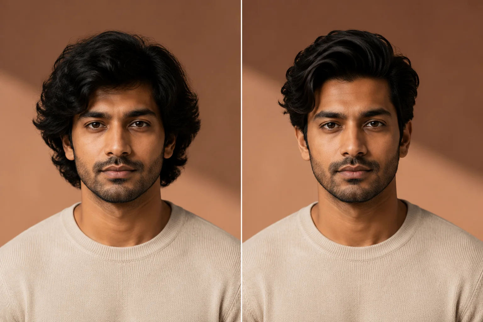 South Asian man, before and after a refined wavy style