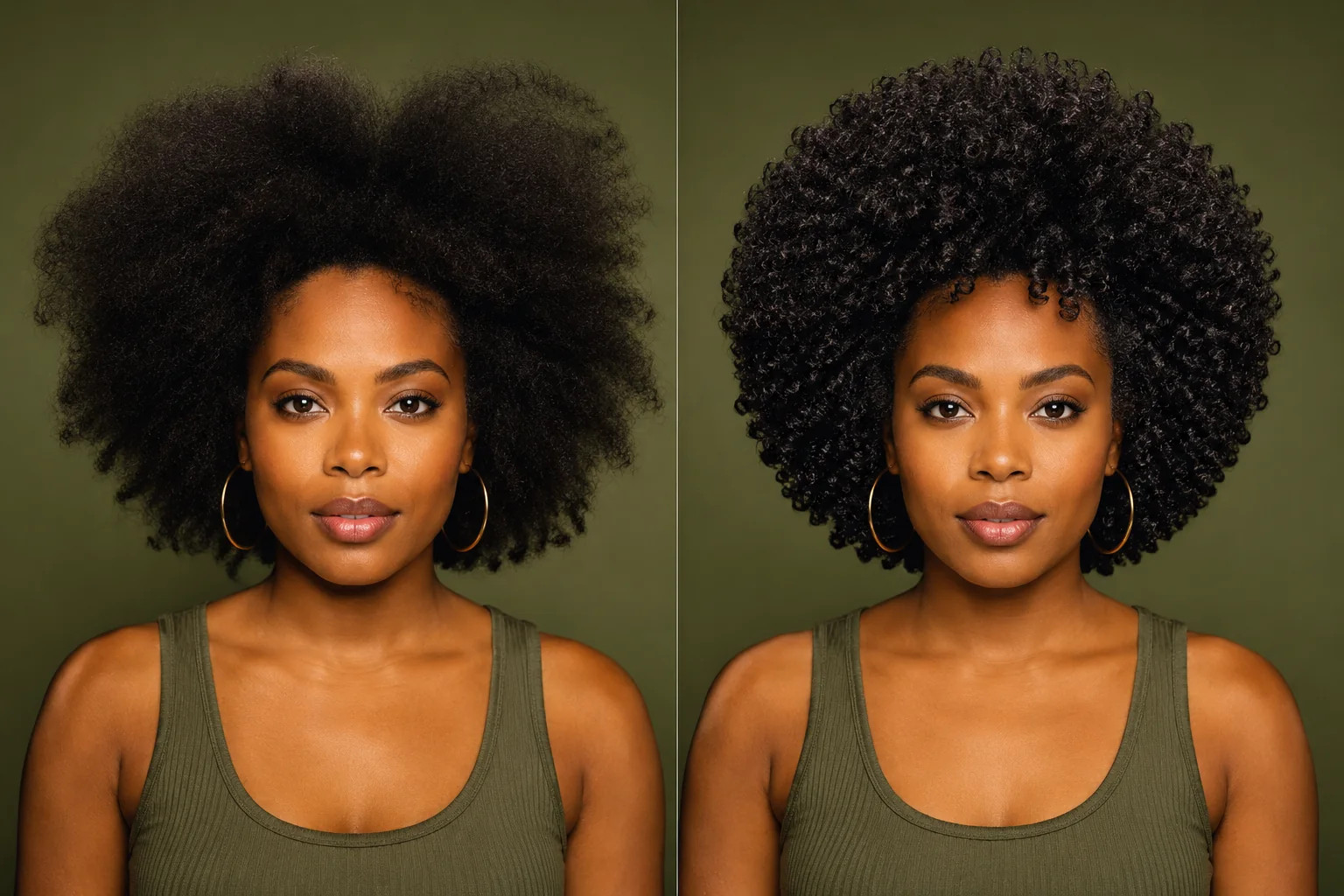 Black woman, before and after a defined natural coily shape