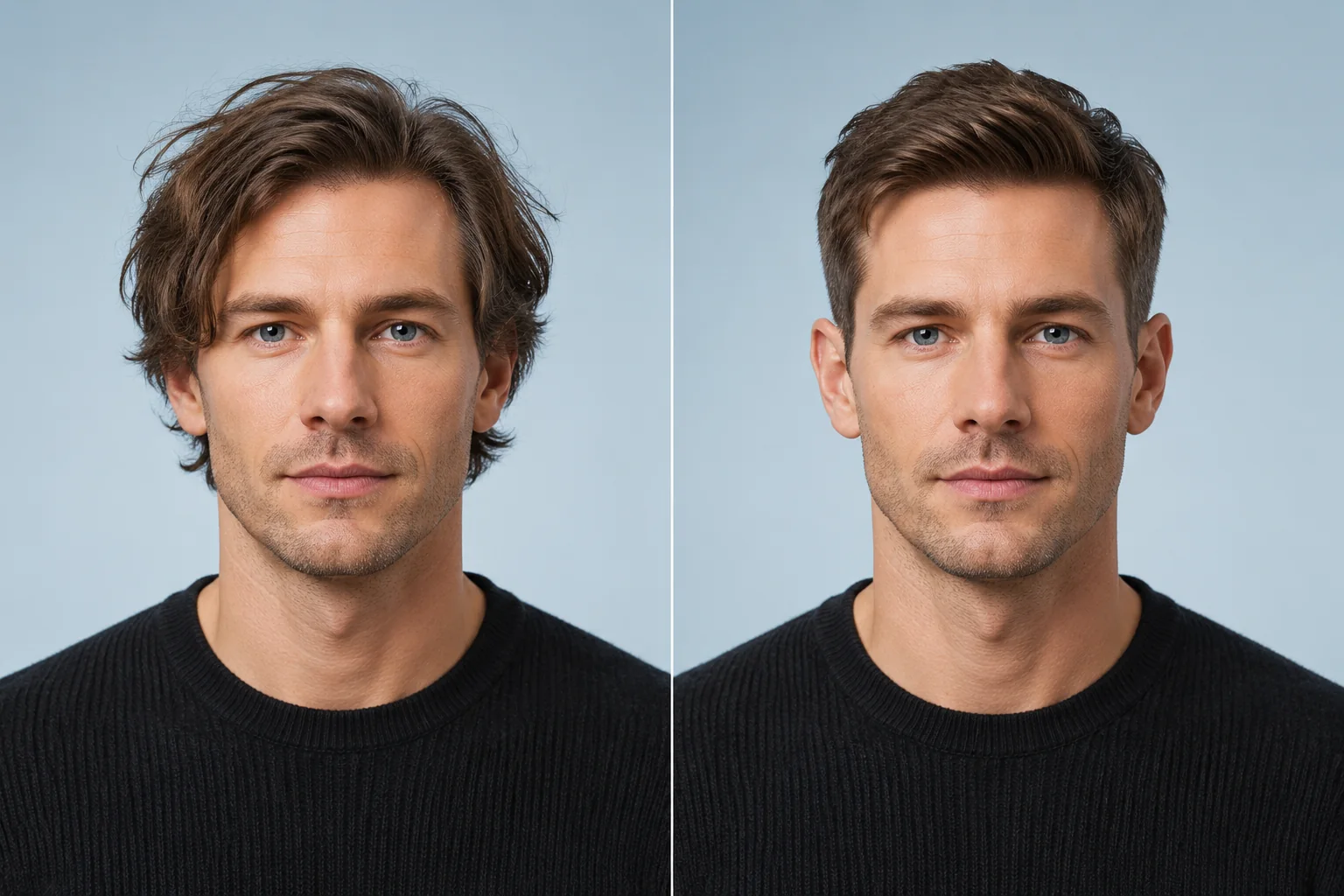 White man, before and after a classic textured scissor cut
