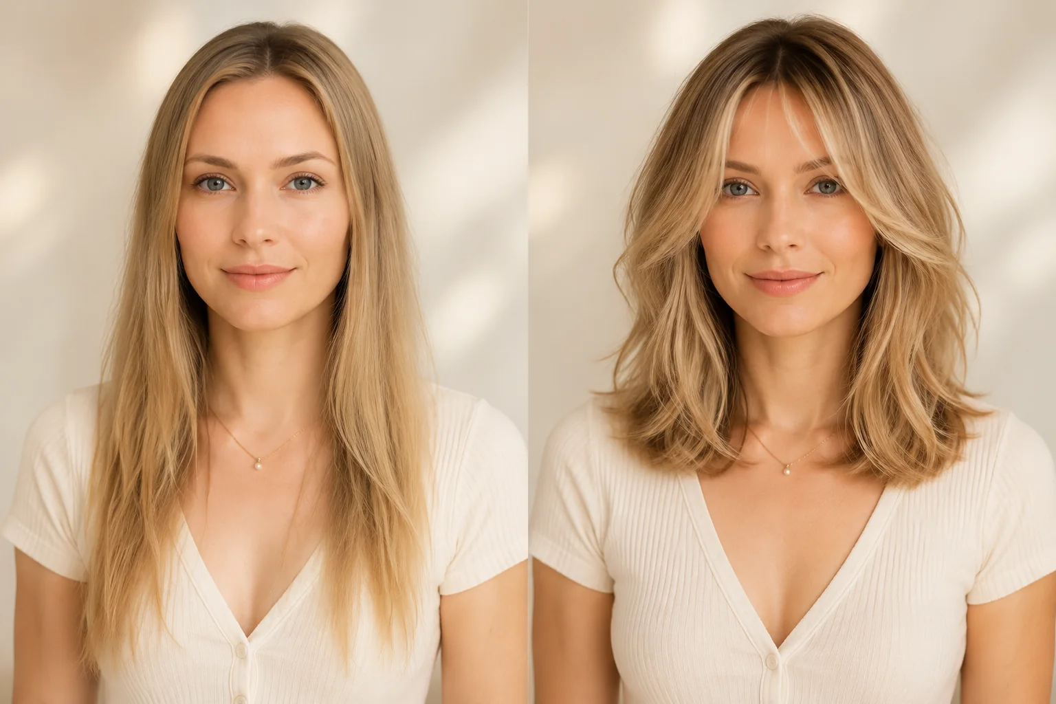 White woman, before and after a luminous layered cut